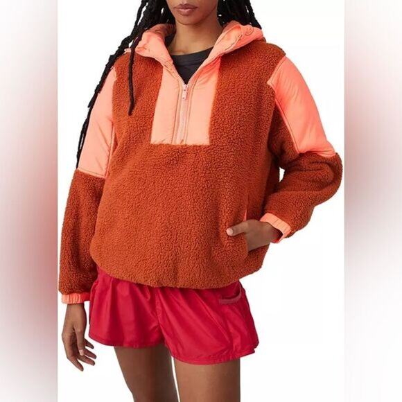 Free People Lead The Pack Neon Coral Pullover Fleece Size medium - Picture 1 of 7